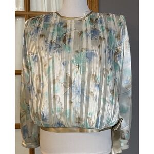 70s Damon II Pleated Floral Blouse Sz L Satin Stripes Gold Bow Party Career City